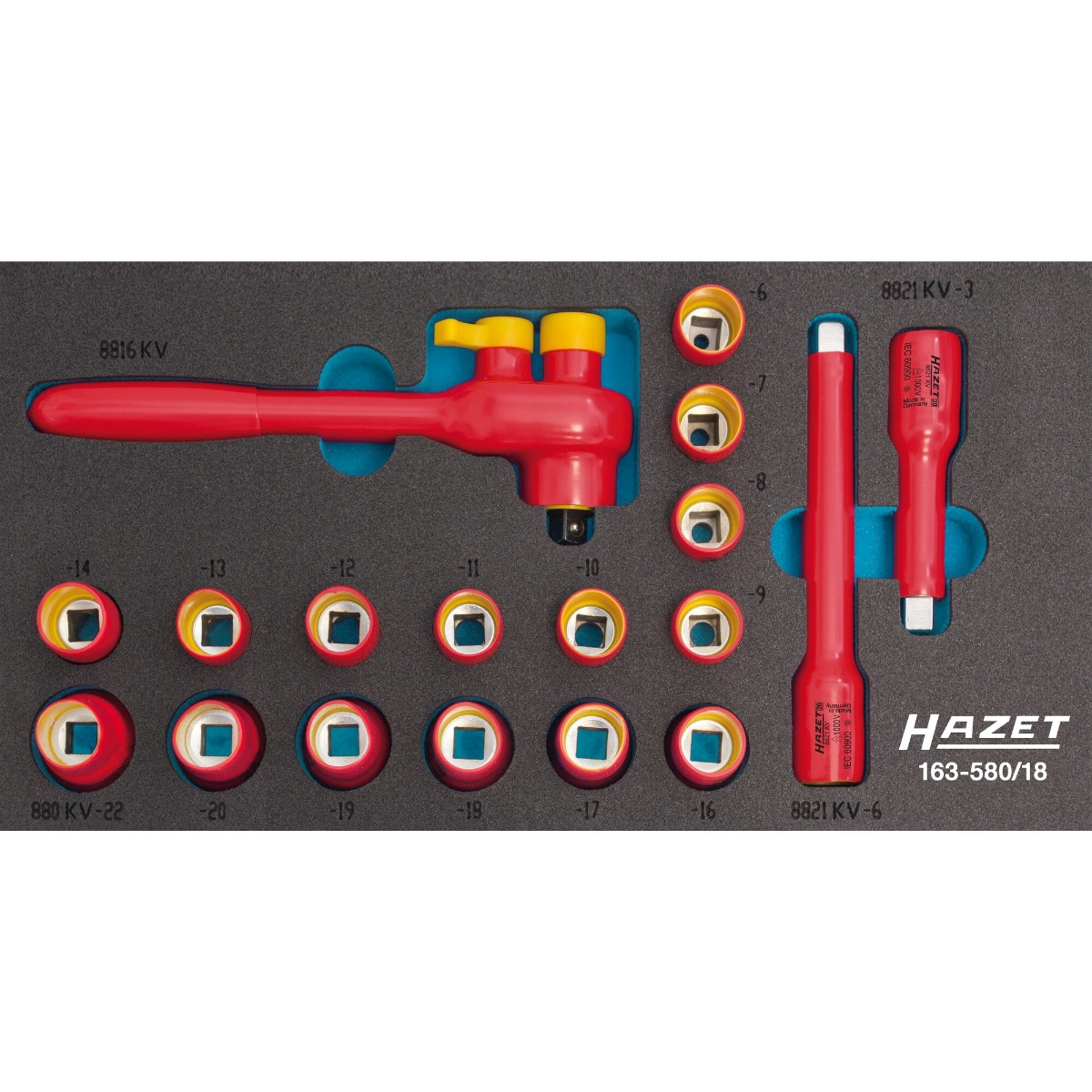 Hazet Pipesett 163-580/18 18 deler isolert | 3/8 tomme (1 mm) firkantdrev