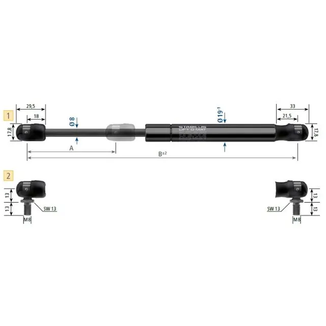 Stabilus 600N gassfjær l=205/s= 60 k-k 