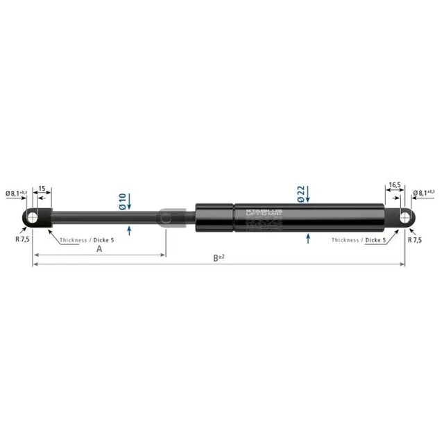 Stabilus 900N gassfjær l=385/s=145 ø-ø 