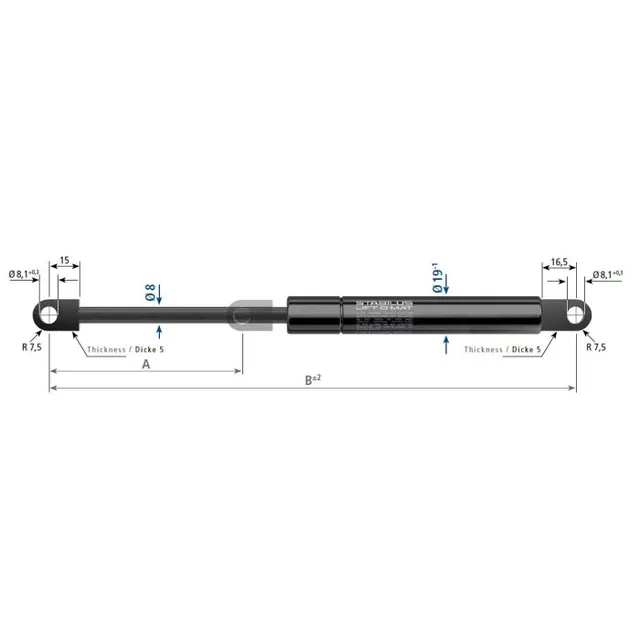 Stabilus 600N gassfjær l=285/s=100 ø-ø 
