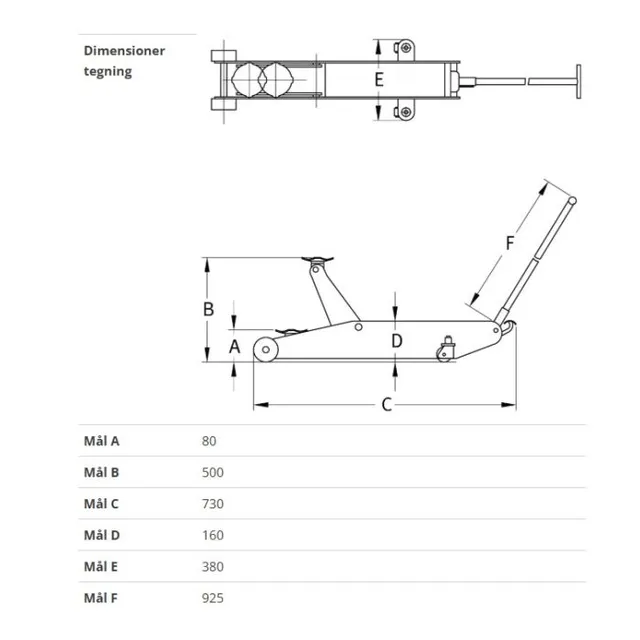 Garasjejekk 2T-C, 2 tonn Chassishøyde 160 mm. Minste høyde 80 mm. 