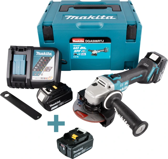 Makita vinkelsliper DGA506RTJ 18V 125 mm, 2 x 5Ah-batterier 